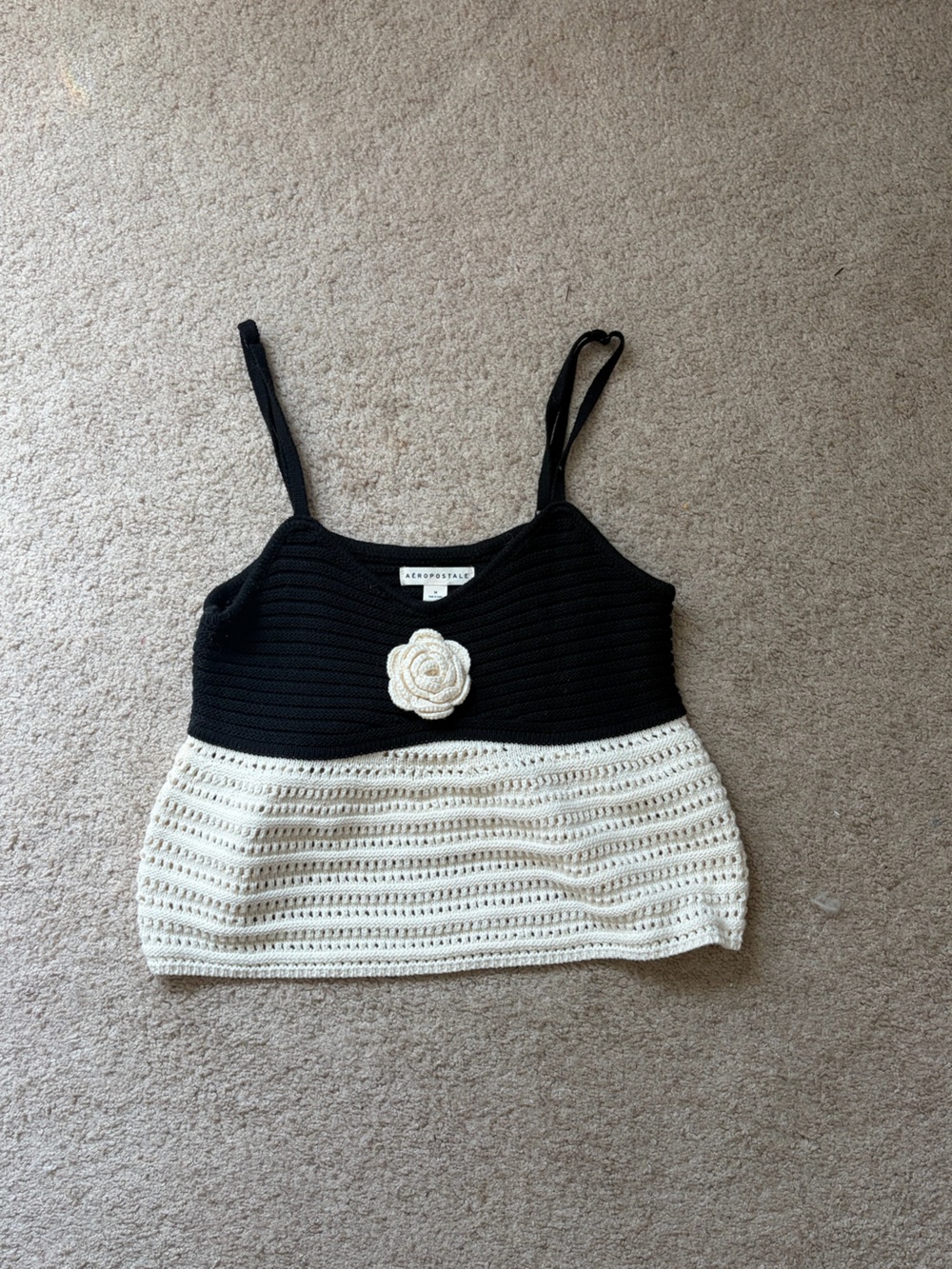 Aeropostale Black and Cream Crochet Tank Top with Flower Accent